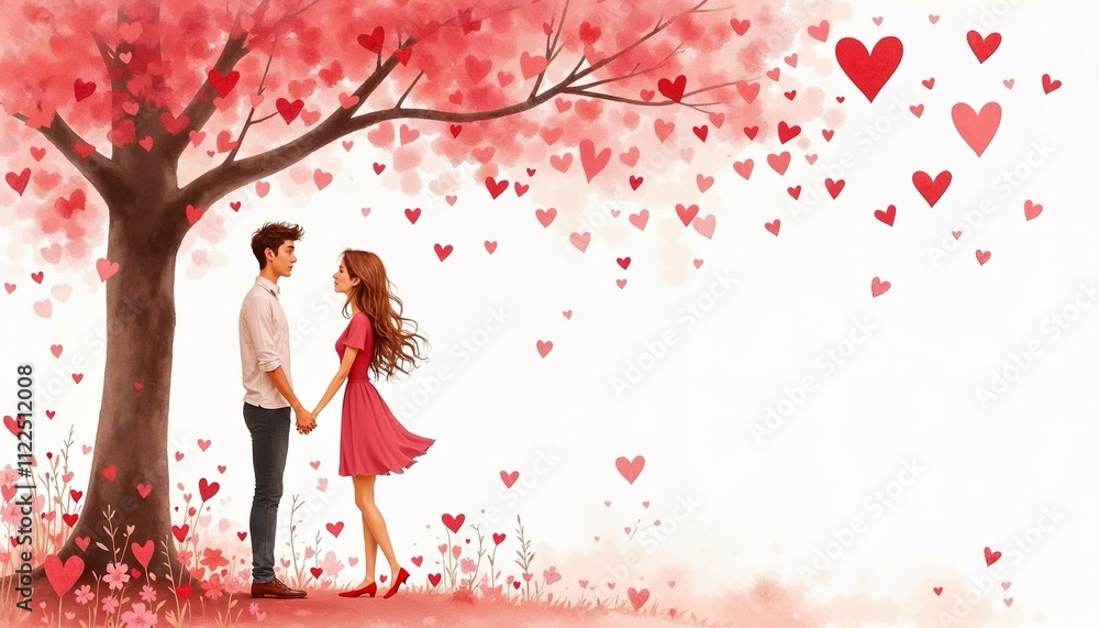 Fototapeta premium Couple in love holding hands under a heart-filled cherry blossom tree in a romantic illustration
