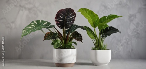 Alocasia gageana Aura Variegated in a planter with other small plants, greenery, decorative ceramics photo