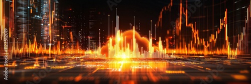 cloud computing economic concept. Abstract digital landscape with vibrant orange and yellow data visualizations.