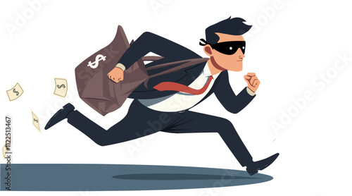 Thief in a suit running with a bag of money, ideal for crime, theft, fraud, and financial crime concepts