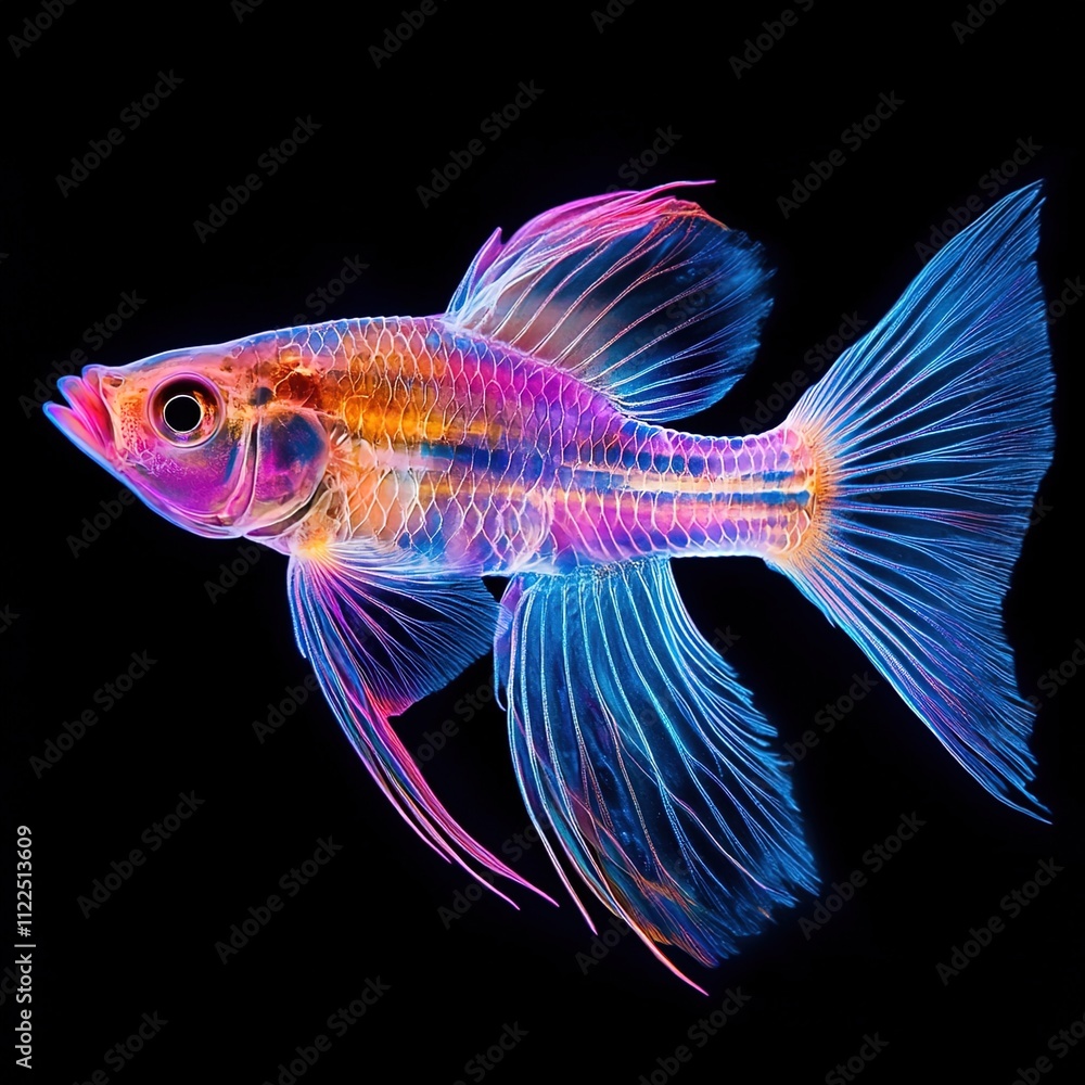 Fototapeta premium A photorealistic fish X-ray, vibrant colors on a black background