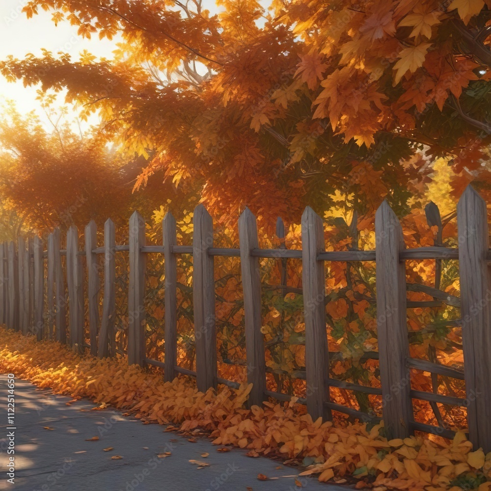 Obraz premium a blanket of amber colored leaves on a fence covered in vines, overgrown vegetation, earthy tones, fallen leaves