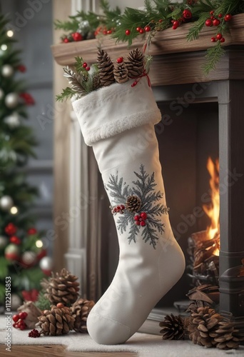 A scene of a stocking filled with winter-themed items like snowflakes, pinecones, or holly, stocking, festive, cold photo