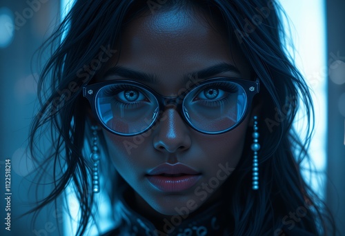 Portrait of a beautiful black woman with glasses, brown hair and a confident expression, close-up of her face in a professional and fashionable style photo