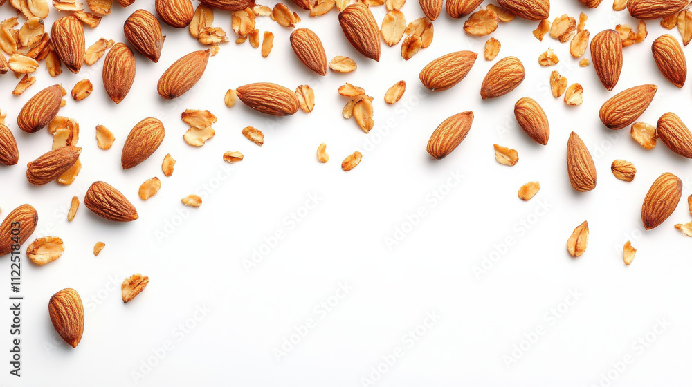 Fototapeta premium Nuts and oats scattered on white background create natural and healthy vibe. This captures essence of wholesome snacks and nutritious ingredients