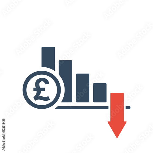 falling trend bar chart with pound sterling sign and red down arrow, united kingdom currency inflation indicator or income forecast vector icon