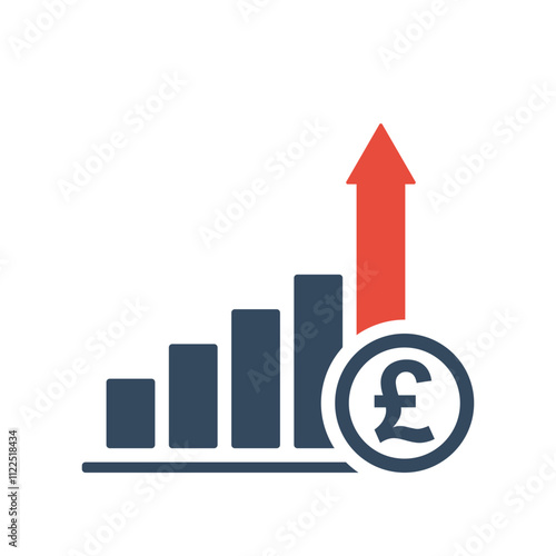 rising trend bar chart with pound sterling sign and red up arrow, united kingdom currency growth indicator, positive economic dynamic forecast infographic, tax increasing vector icon