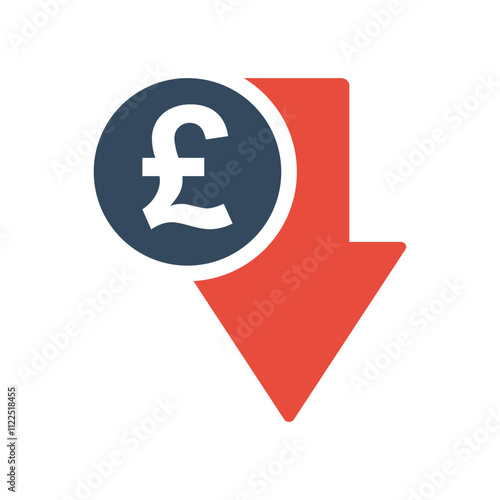 pound sterling coin with red down arrow, united kingdom economic falling indicator, stock exchange market negative trend, decreased income pictogram