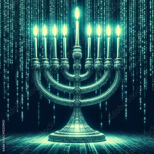 93 Matrix Menorah A photograph of a menorah with a matrix code c photo