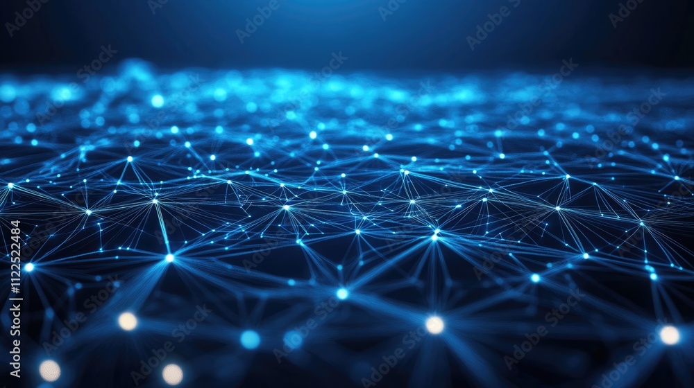 Obraz premium Abstract blue background with connection and network concept. 3D Rendering, Big data flow in cyber blockchain fields with blue network system,