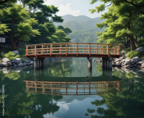 Reflections of Arashiyama Togetsu bridge in a pond, pond, kyoto photo