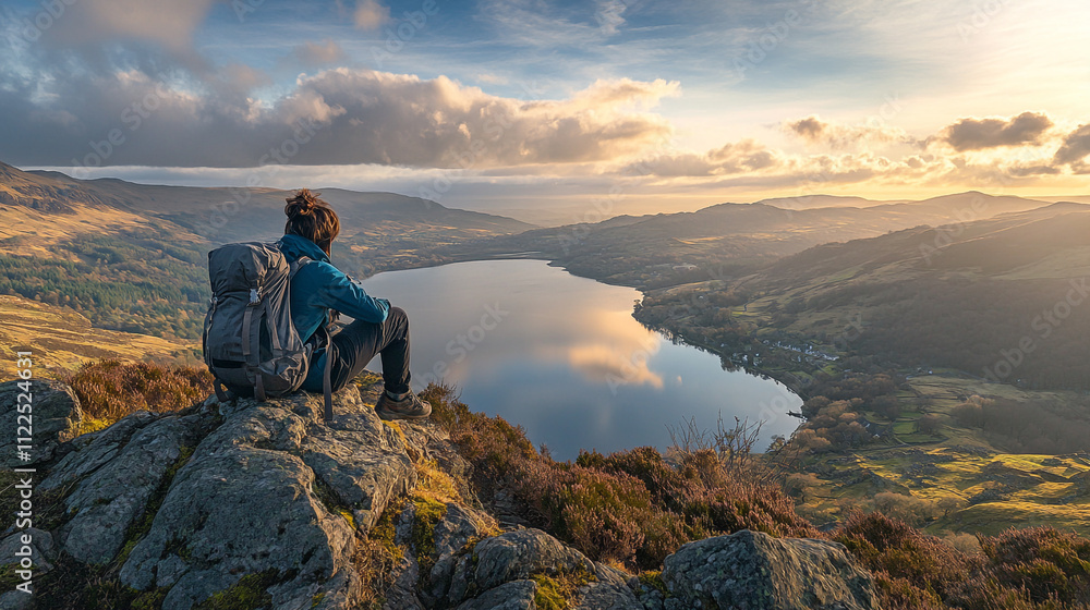 Fototapeta premium Hiker enjoying a tranquil sunset view over a serene lake surrounded by mountains