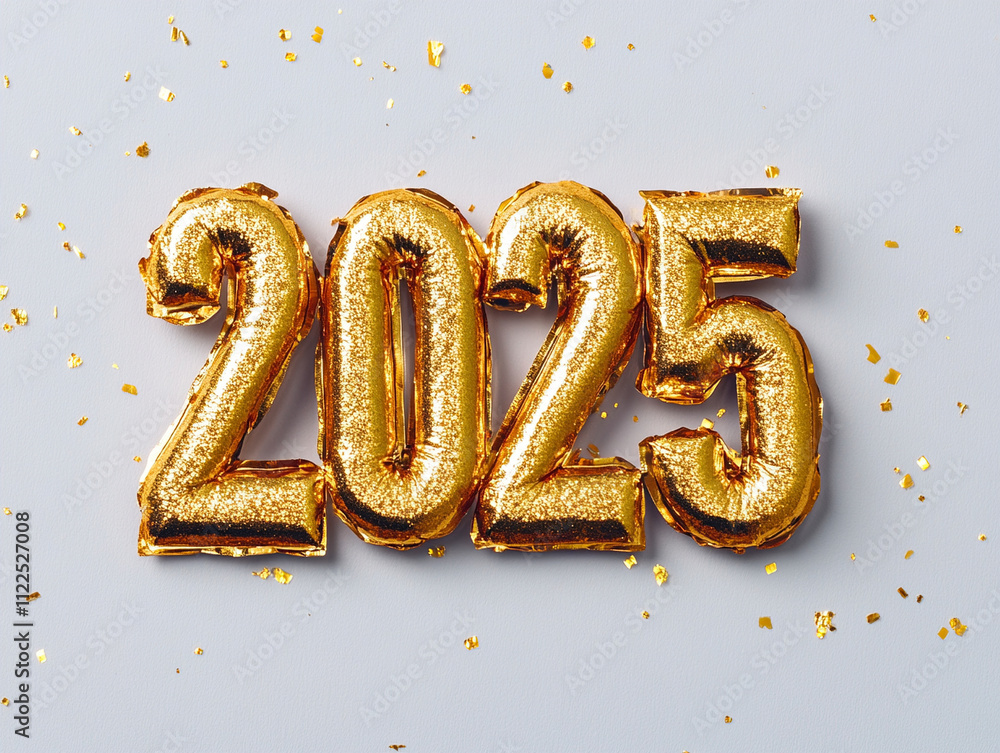 2025 in sparkling gold glitter balloon on a white background. (Generative AI) 2025 in sparkling gold glitter balloon on a white background. (Generative AI)