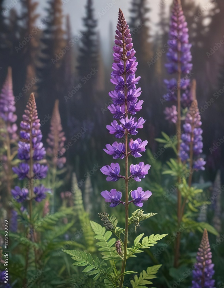 Obraz premium Tall purple lupine flower stem with leaves and seed pods , tall grasses, wild lupine perennis, flowering stems