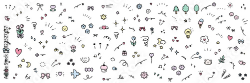 手書きの飾りイラストのベクターイラストセット。手描き、集中線、注目、星、ハート、リボン