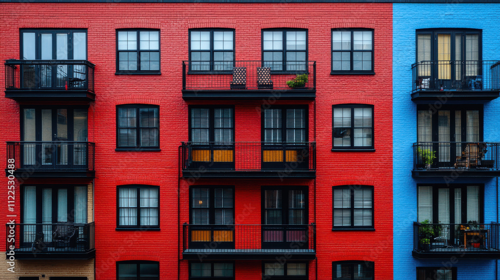 Obraz premium Brightly colored apartment building with red and blue walls, featuring balconies and windows. design showcases modern urban aesthetic, perfect for vibrant city living