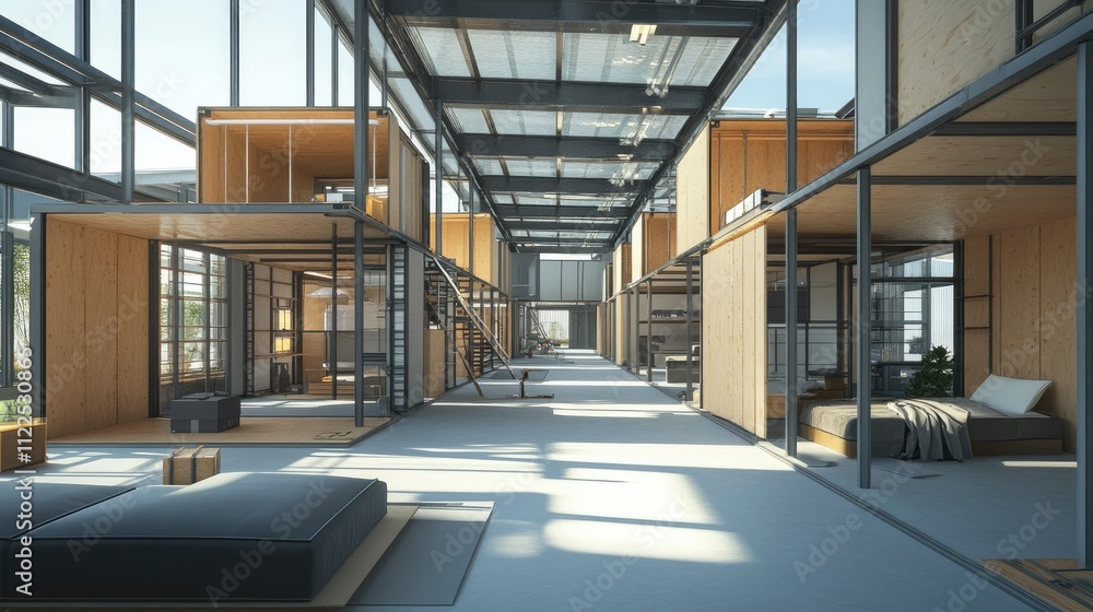 Obraz premium Modern interior of a minimalist building with wooden structures and open space design.