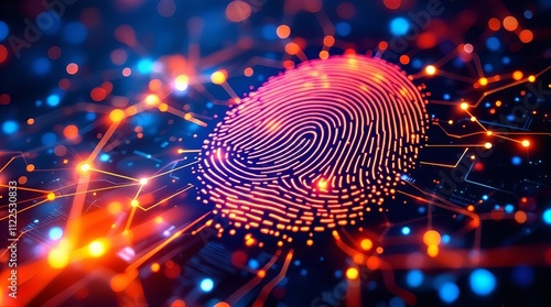 Abstract Fingerprint on Circuit Board: Digital Security and Biometric Authentication in Neon Lights