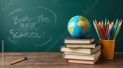 Back to School: Books, Globe, Pencils, and Chalkboard with 