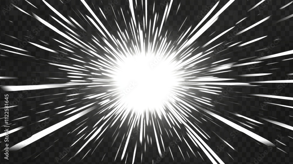 Obraz premium Abstract comic book flash explosion radial lines on transparent background. Vector illustration superhero design. Bright black light strip burst. Flash ray blast glow. Speed lines Manga frame. Anime.