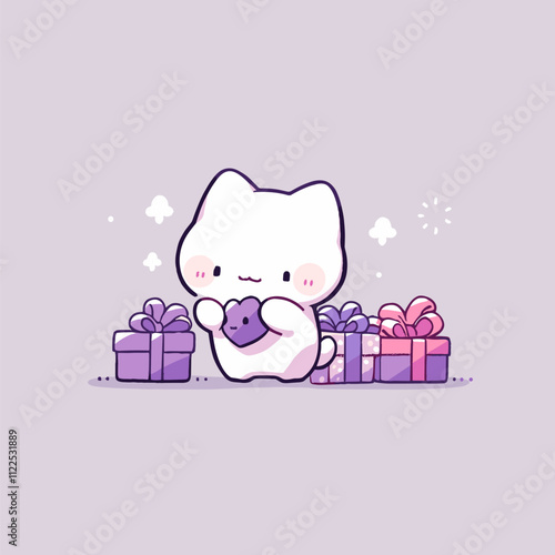 Adorable Cat with Gifts in Pastel Cartoon Style. Cute Vector Cat.