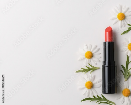 Flatlay of herbal lipsticks with fresh chamomile flowers and organic oils on a smooth white background photo