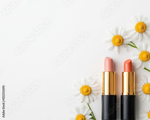 Flatlay of herbal lipsticks with fresh chamomile flowers and organic oils on a smooth white background photo