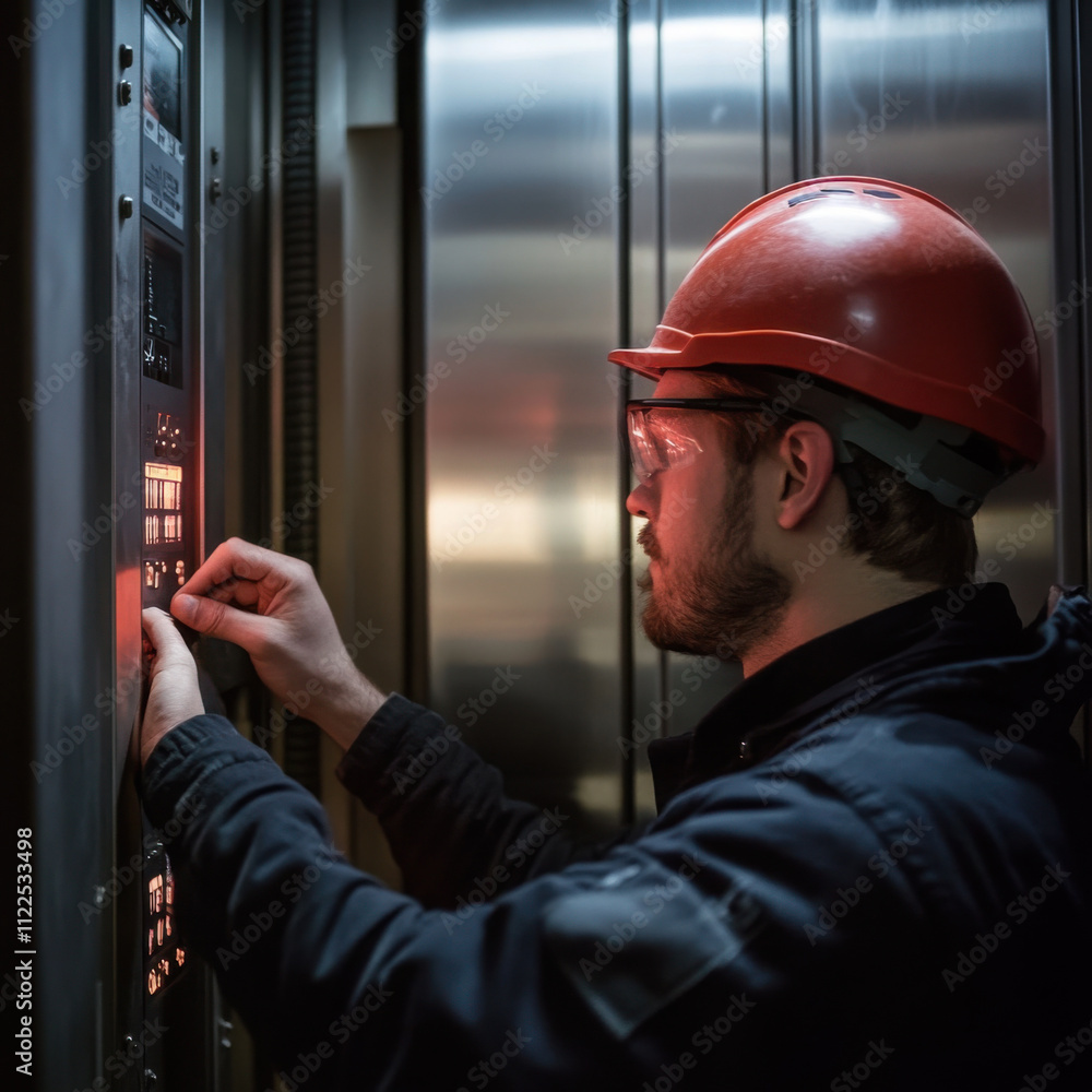 © AGCreative - professional man in hard hat calibrating elevator control panel, focused on his task. environment is industrial, showcasing modern technology and safety measures