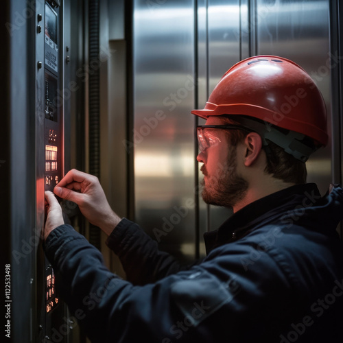 professional man in hard hat calibrating elevator control panel, focused on his task. environment is industrial, showcasing modern technology and safety measures