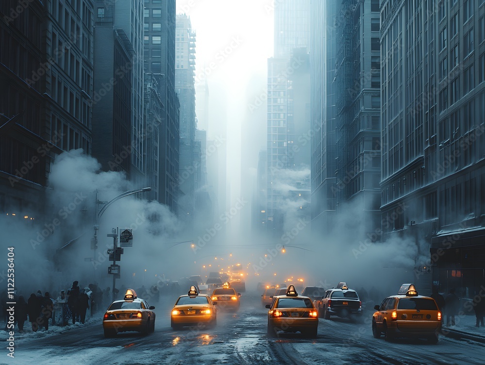 Obraz premium A city street shrouded in toxic smog with murky air. People wear masks to protect themselves from pollution, conveys chaos and health risks, ideal for articles on urban pollution and the environment.
