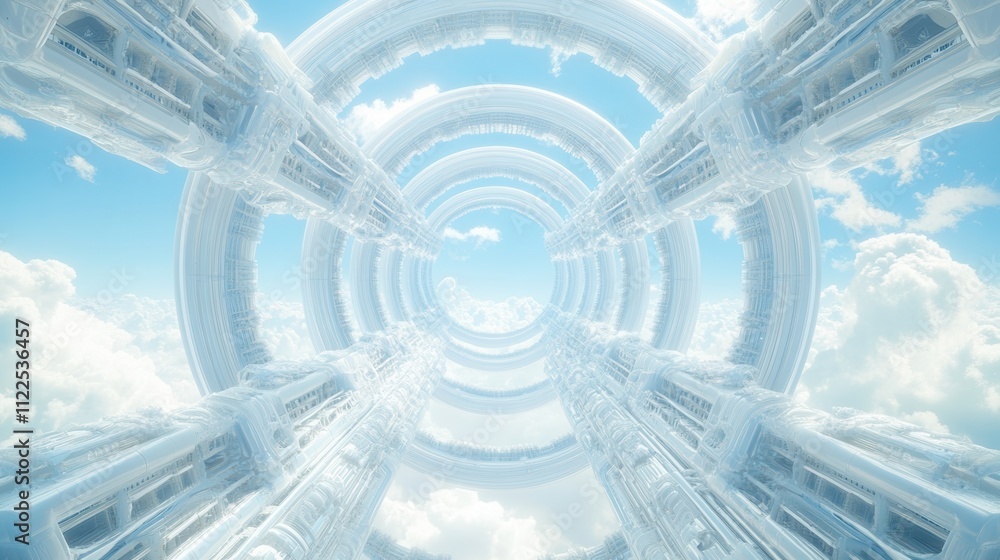 Obraz premium A surreal, ethereal scene featuring circular structures emerging from fluffy clouds against a bright blue sky.