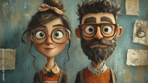 Charming animated couple with large glasses, showcasing a whimsical and artistic style, perfect for illustrations and creative projects featuring unique character designs