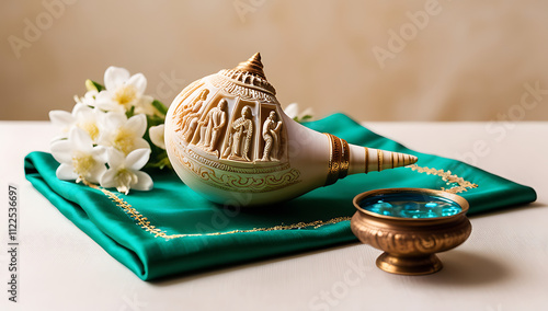 A sacred Indian conch shell (shankha) with intricate carvings, resting on a silk cloth and surrounded by holy water and flowers.

 photo