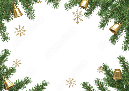 A border of 3D fir tree branches adorned with golden bells and snowflakes, featuring high details and an HDR result, with sharp clarity and no blur, set against a white background, perfect for holiday