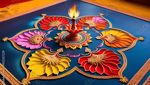 A vibrant rangoli pattern created with powdered colors, depicting sacred Indian motifs like lotus, peacock, and diya.

 photo