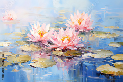 Impressionist Painting of Light Pink Water Lilies in a Pond for Relaxation and Yoga Decor