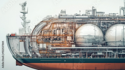 Cross section of LNG carrier showcasing intricate design and engineering. detailed structure highlights complex systems involved in liquefied natural gas transport