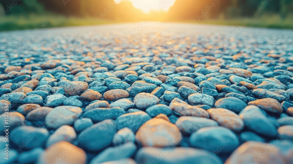Fototapeta premium Minimalist road with faint glimmers of light reflecting off scattered pebbles, pebble reflections, tiny details