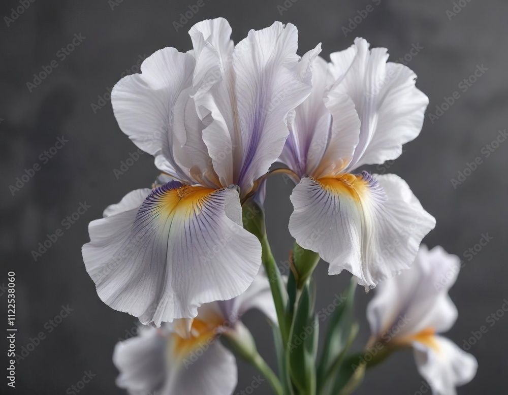 Fototapeta premium Studio light illuminates delicate iris petals against a gray backdrop, studio lighting, natural world, macro shot