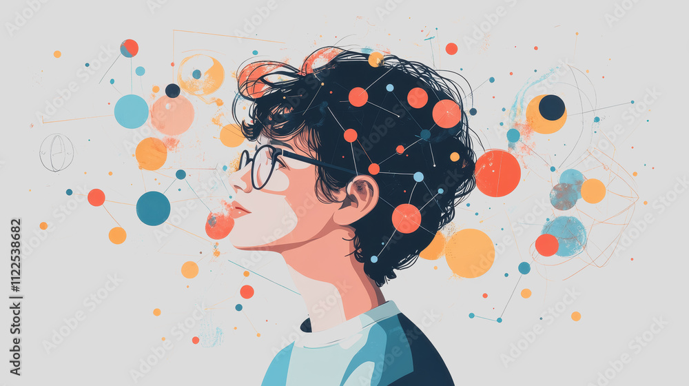 Young person contemplating creative ideas with abstract geometric shapes and vibrant color bursts representing imagination and innovation in art Young person contemplating creative ideas with abstract geometric shapes and vibrant color bursts representing imagination and innovation in art
