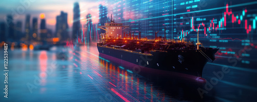 large LNG carrier ship navigates through city harbor, surrounded by digital financial data and stock market graphs, symbolizing fusion of maritime transport and technology