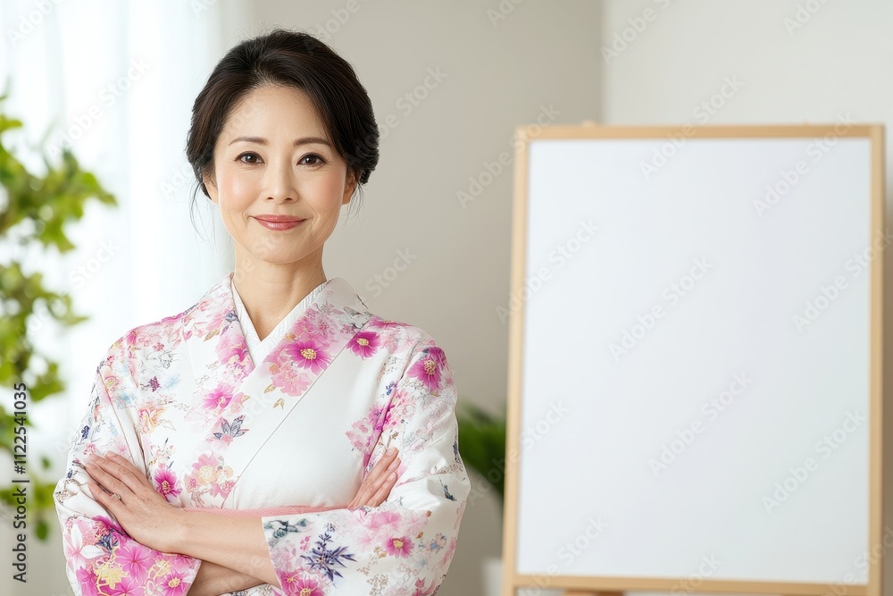 Serene Japanese Housewife in Traditional Kimono Standing Peacefully Serene Japanese Housewife in Traditional Kimono Standing Peacefully