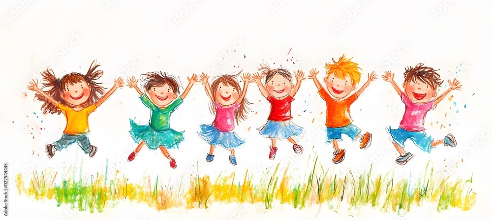 Fototapeta premium Cute cartoon children's drawing of many happy kids holding hands and jumping, white background, colorful , simple hand drawn style,