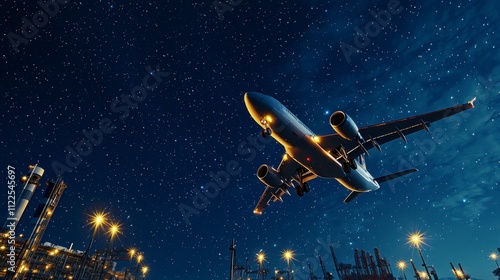 Wallpaper Mural Airplane Taking Off at Night Against a Starry Sky with Industrial Structures and Bright Lights in the Foreground Torontodigital.ca