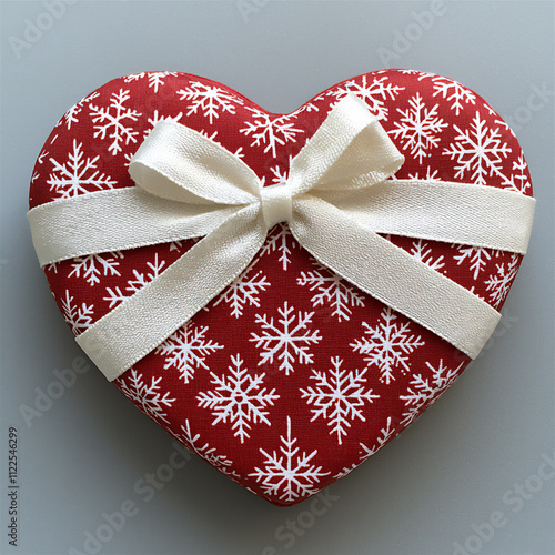 A heart-shaped gift box in red with white sno photo