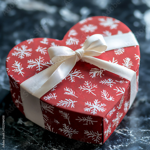 A heart-shaped gift box in red with white sno photo