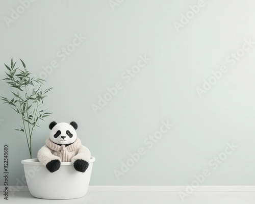 Cute pandathemed kids bathroom with bamboo accents, panda bear bathtub, monochrome color scheme photo