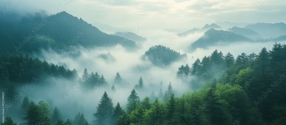 Obraz premium Misty morning view of a forest with mountains in the background.