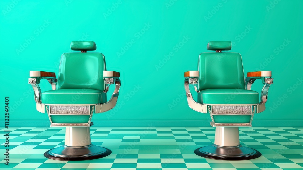 Fototapeta premium Retro Barbershop Chairs Vintage Green Mint Room 1950s Style Classic Design Salon Inte