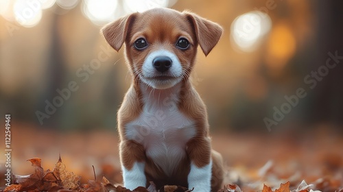 A cute puppy sitting amidst autumn leaves, exuding innocence and playfulness.